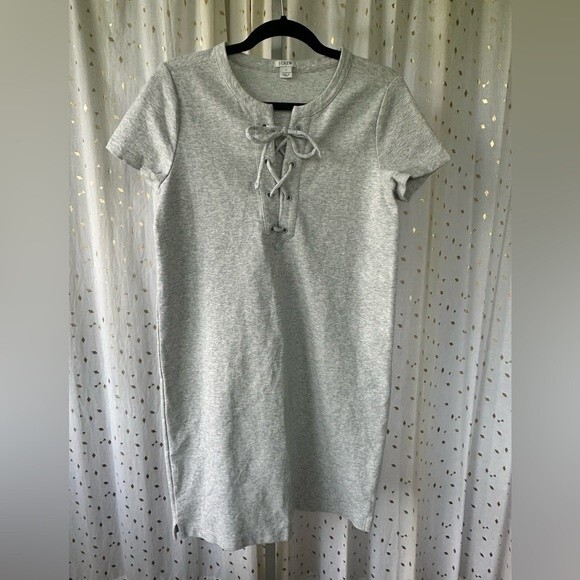 J Crew Factory Heather Grey Stretchy Thick Cotton Blend Lace Up Knit Dress S - Picture 2 of 6